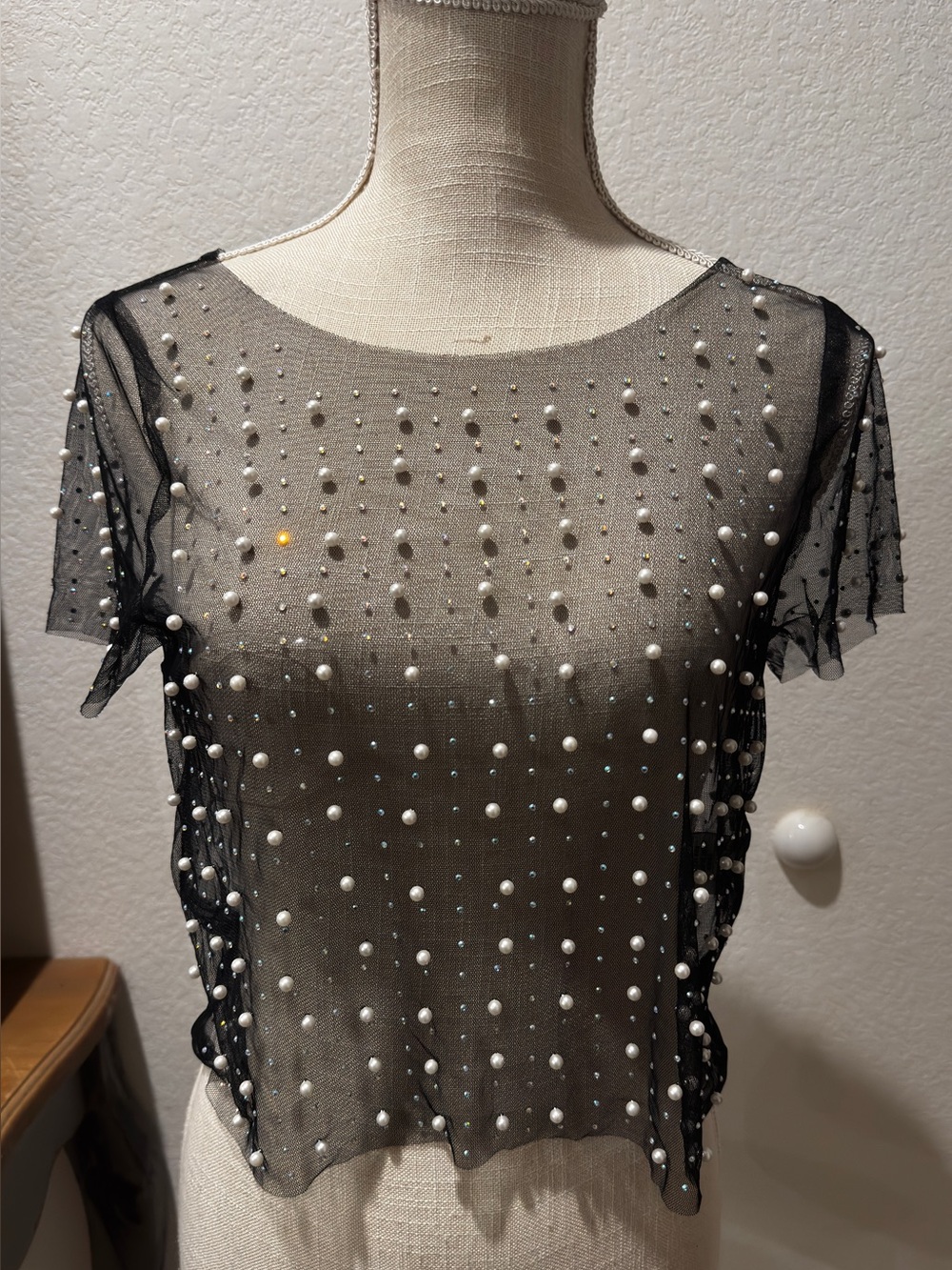 Sheer Black Pearl-Embellished Crop Top - Women's